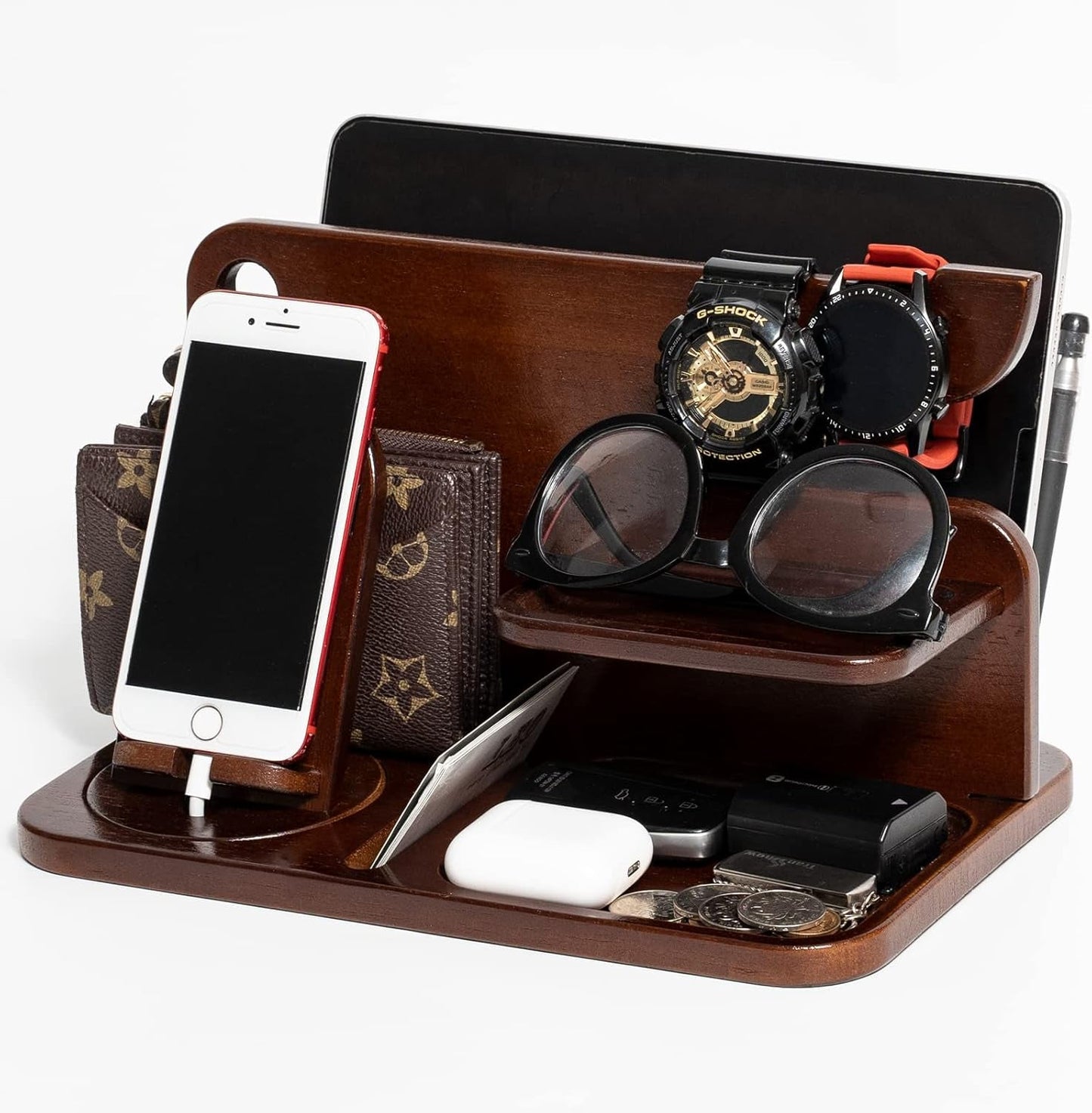 Wood Phone Docking Station for Men, Nightstand Organizer, Key Holder Wallet Stand Watch Organizer for Men, Gift for Husband Dad Birthday Anniversary