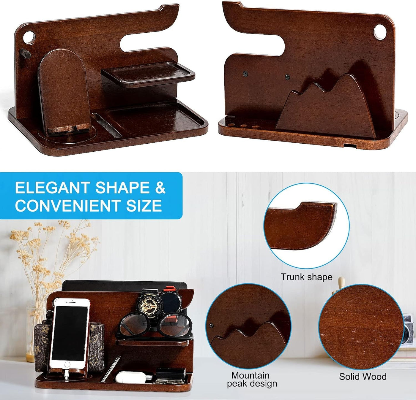 Wood Phone Docking Station for Men, Nightstand Organizer, Key Holder Wallet Stand Watch Organizer for Men, Gift for Husband Dad Birthday Anniversary